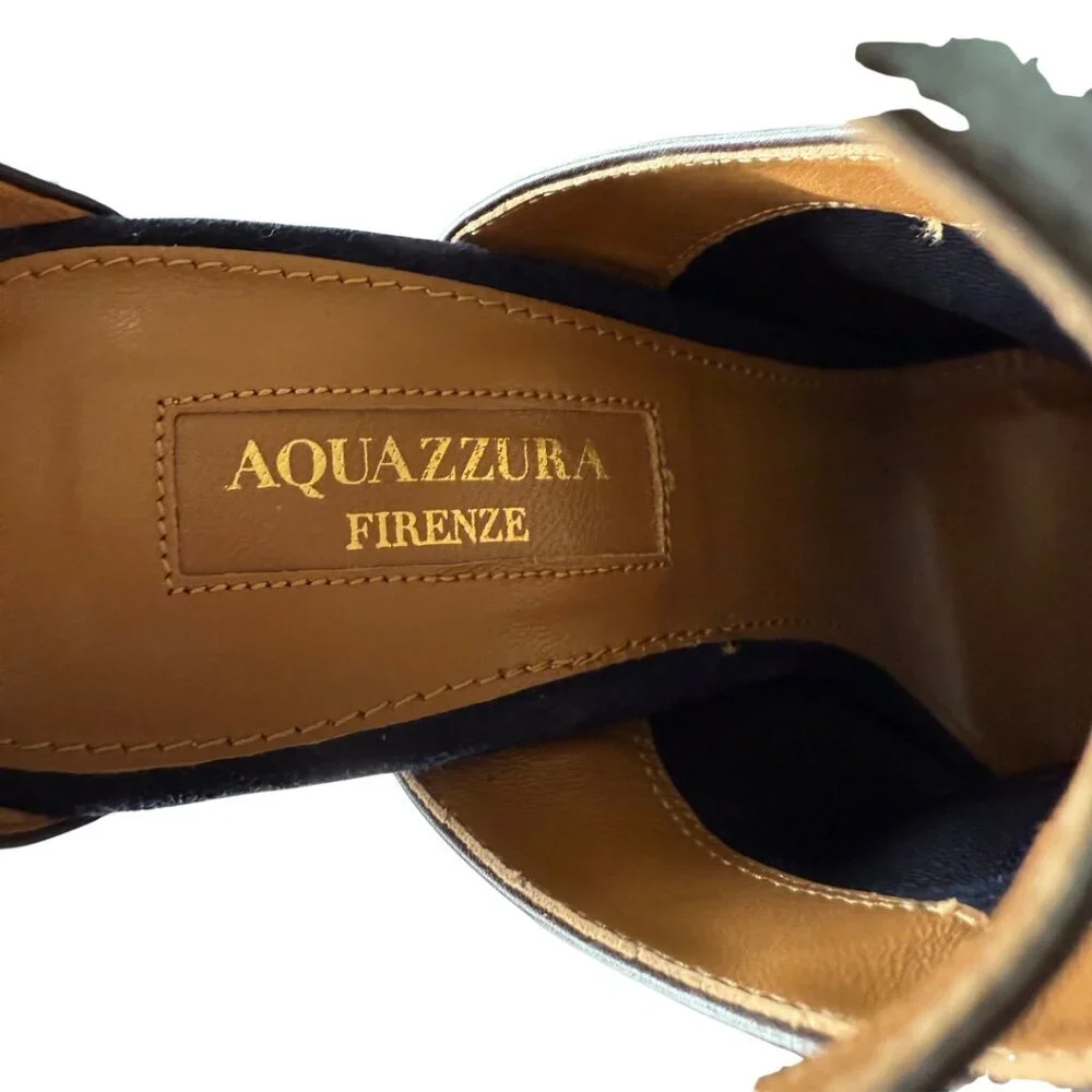Aquazzura Kaya Plateau 140 In Navy Suede Platform Heel Sandals Womens Size 36